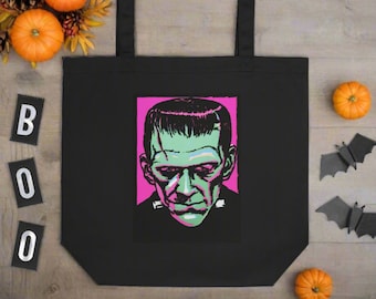 Halloween Tote Bag Frankenstein Monster Vintage Retro Gothic Horror Print Eco Cotton Large Reusable Grocery Library Unique Spooky Cute Gift