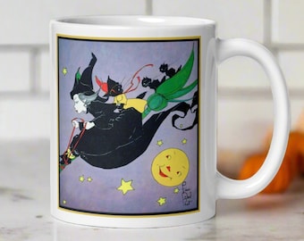 Halloween Mug Fancy Witch Black Cats Moon Broomride Retro Vintage Fern Bisel Peat Illustration Unique Spooky Cute Gift For Friend Witchy