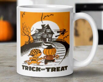 Halloween Mug Trick Or Treat Spooky House Flying Witch Orange Black Retro Print Ceramic Glossy Coffee Cup Unique Cute Gift For Friend