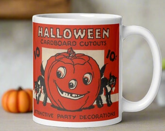 Halloween Mug Black Cats Jack O Lantern Cardboard Cutouts Decorations Retro Vintage Ceramic Coffee Cup Unique Spooky Gothic Cute Gift For