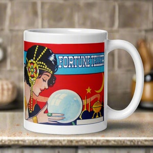 Halloween Mug Fortune Teller Tarot Crystal Ball Celestial Stars Retro Vintage Glossy Ceramic Coffee Cup Unique Cozy Gift For Friend Her Him