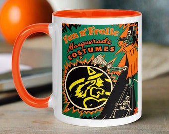 Halloween Mug Fun n' Frolic Masquerade Costumes Green Witch Retro Vintage Ceramic Coffee Cup Unique Spooky Cute Kitsch Gift For Her Him
