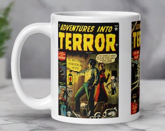 Comic Book Cover Halloween Mug Adventures Into Terror Vintage Retro Glossy Coffee Ceramic Cup Spooky Horror Gothic Gift For Friend Him Her