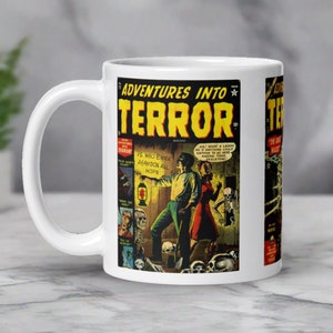 Okładka komiksu Halloween Kubek Przygody w Terrorze Vintage Retro Błyszczący Ceramiczny Kubek Kawy Straszny Horror Gotycki Prezent Dla Przyjaciela Dla Niego Dla Niej
