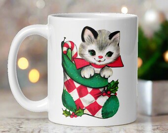 Christmas Mug Christmas Kitten In Stocking Midcentury Retro Vintage Glossy Ceramic Cup Unique Cozy Kitsch Cute Cat Gift For Friend Her Him