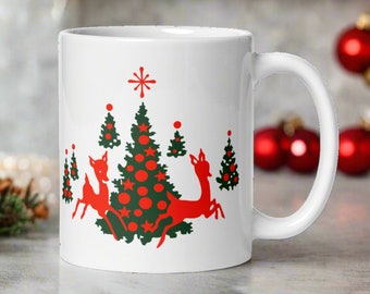 Christmas Mug Red Reindeer Christmas Trees Retro Vintage Holiday Ceramic Coffee Cup Unique Cozy Gift For Friend Him Her Kitchen Home Decor