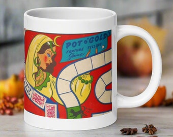 Halloween Mug Fortune Telling Pot O'Luck Vintage Board Game Retro Celestial Ceramic Glossy Coffee Cup Unique Spooky Cute Gift For Her Him