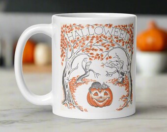 Halloween Mug Dancing Trees Black Cat Pumpkin Retro Vintage Ceramic Coffee Cup Unique Spooky Cute Gift For Friend Fall Kitchen Drink Decor