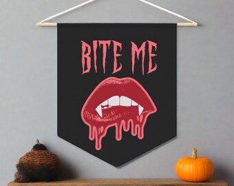 Halloween Wall Hanging Pennant Banner Bite Me Vampire Fangs Gothic Spooky Cute Wall Decor Flag Unique Gift For Friend Fall Art