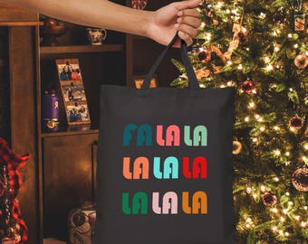 Christmas Cotton Canvas Tote Bag Fa La La Retro Vintage Style Unique Reusable Shopping Bag Holiday Gift Bag Eco-Friendly Tote Festive Bag