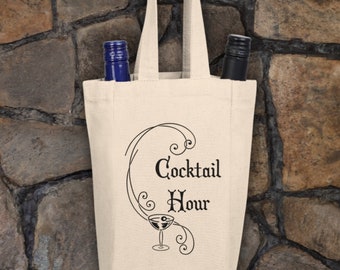 Wine Bottle Holder  Wine Bag  Retro Cocktail Hour Canvas Wine Tote Bag  Double Bottle Tote  Reusable Eco Friendly Options