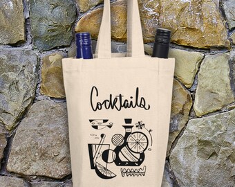 Wine Bottle Holder  Wine Bag  Retro Cocktails Canvas Tote Bag: Tote Bag  Double Bottle Tote  Reusable Eco Friendly Options