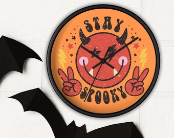 Wooden Wall Clock Stay Spooky Cute Devil Distressed Halloween Fall Autumn Black Wall Decor Silent Unique Gothic Gift For Friend Him Her