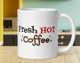 Fresh Hot Coffee Diner Mug Atomic Era Starburst Mid Century Retro Style Ceramic Cup Unique Cute Gift For Friend White Glossy Kitchen Decor