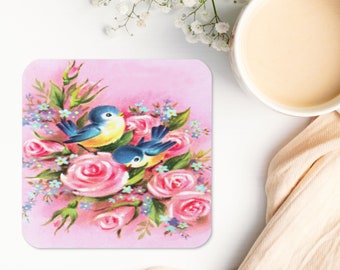 Bluebird and Roses Coaster | Retro Spring Print, Cork-backed