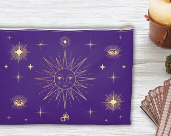 Accessory Pouch Travel Bag - Accessory Pouch Travel Bag - Gold Celestial Sun Stars Print Polyester Accessory Pouch - Purple