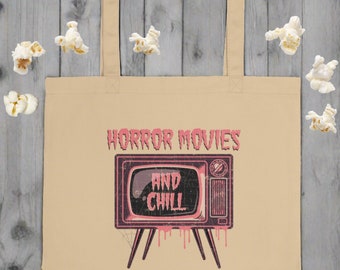 Horror Movies And Chill Halloween Tote Bag Retro Style Pink TV Unique Spooky Cute Reusable Grocery Books Large Eco Cotton Gift For Friend