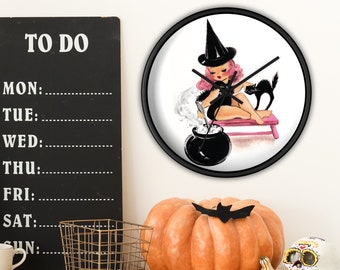 Wooden Wall Clock Pink Witch Black Cat Cauldron Retro Halloween Fall Print Decor Wood Frame Silent Home Decor Gift For Witchy Friend