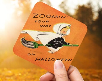 Halloween Coaster Retro Witch Zoomin' Your Way On Halloween Orange Vintage Unique Spooky Cute Cork-back Gift For Friend Kitchen Drink Decor