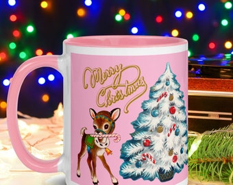 Merry Christmas Reindeer Tree Pink Mid Century Retro Vintage  1950s Kitsch Glossy Ceramic Coffee Cup Unique Cozy Cute Gift For Friend Her