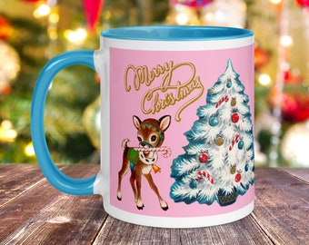 Merry Christmas Mug Retro Reindeer Candy Cane Tree Blue Lined Glossy Ceramic Coffee Cup Vintage Midcentury Kitsch Unique Cozy Cute Gift For