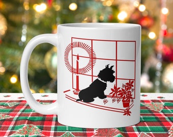 Christmas Mug Christmas Scottie In Window With Poinsettias Candle Mid Century Retro Vintage Print White Glossy Ceramic Coffee Cup Cute Gift