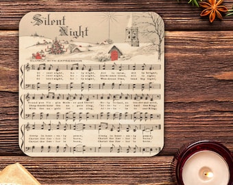 Cute Christmas Coaster Silent Night Vintage Sheet Music Cork-back Drink Coaster Retro Unique Cozy Cute Winter Decor Gift For Friend Teacher