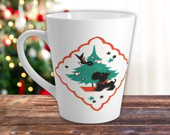 Latte Coffee Mug Christmas Mug Christmas Scottie Dog And Blackbird Mid Century Retro Christmas Print Latte Coffee Mug Latte Cup