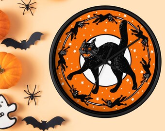 Wooden Wall Clock Halloween Black Cats Retro Halloween Fall Decor Unique Silent Modern Large Spooky Cute Gift For Friend Cat Lover Witch