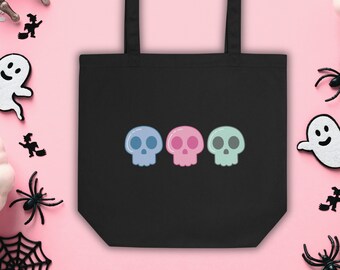 Tote Bag Cute Pastel Goth Halloween Skulls Black Organic Cotton  Canvas Reusable Eco Friendly Spooky Trick Or Treating Gift For Her Him