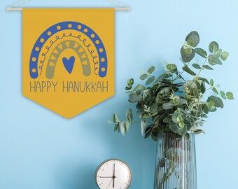 Happy Hanukkah Pennant Banner Wall Hanging Boho Rainbow Heart Home Decor Fabric Tapestry Flag Jewish Holiday Party Winter Decorations