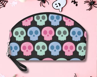 Cosmetic Travel Bag Pastel Goth Hallowen Skulls Black PU Leather Pouch Makeup Bag With Wristlet Clutch Gift For Her Friend Spooky Cute
