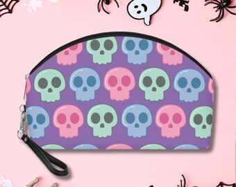 Cosmetic Travel Bag - Cute Halloween Skulls Pastel Purple Makeup Bag - Cute Pastel Halloween Skulls PU Leather Pouch