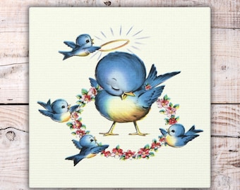 Retro Bluebird Canvas Gallery Wrap Angel Halo Mom Baby Bluebirds Midcentury Wall Decor Bedroom Nursery Vintage Art Unique Cute Gift For Her
