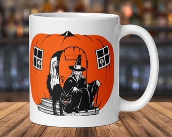 Halloween Mug Pumpkin Witch House Black Cat Retro Vintage Halloween Glossy Ceramic Coffee Cup Spooky Cute Unique Gothic Gift For Him Her
