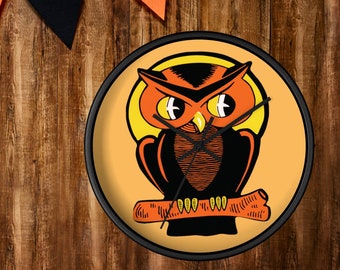 Wooden Wall Clock Orange Halloween Owl Yellow Moon Retro Vintage Illustration Fall Wall Decor Unique Spooky Cute Gift For Friend