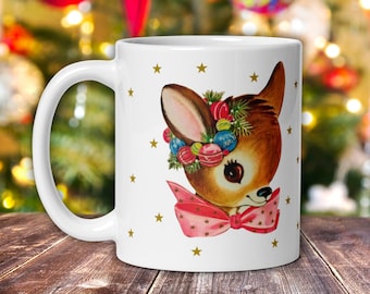 Mid-Century Reindeer Christmas Mug: Retro Gold Star Holiday Decor