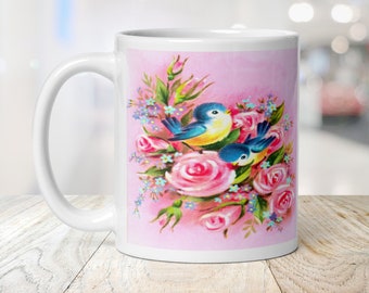 Spring Bluebirds And Roses Ceramic Mug Mother's Day Coffee Mug Gift For Mom Retro Vintage Print Tea Hot Drink Three Size Options