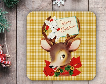 Cute Christmas Coaster Merry Christmas Reindeer Santa Bunny Yellow Plaid Retro Vintage Reusable Glossy Unique Cozy Cute Gift For Friend Her