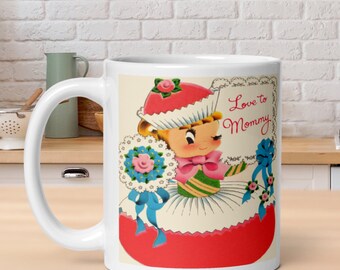 Love To Mommy Mother's Day Mug Vintage Retro MidCentury Art Print Card Unique Cute Gift For Her Grandma Ceramic Glossy Coffee Tea Cup