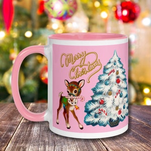 Merry Christmas Reindeer Christmas Tree Pink Mid Century Retro Christmas Print Vintage Midcentury 1950s Kitsch Glossy Coffee Mug Gift