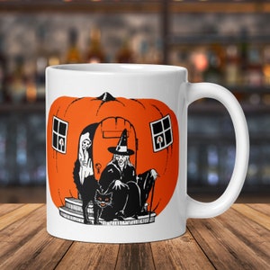 Halloween Mug Pumpkin Witch House Black Cat Retro Vintage Halloween Glossy Ceramic Coffee Cup Spooky Cute Unique Gothic Gift For Him Her