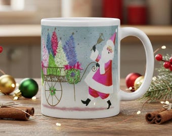 Retro Pink Santa Christmas Mug | Midcentury Holiday Drinkware