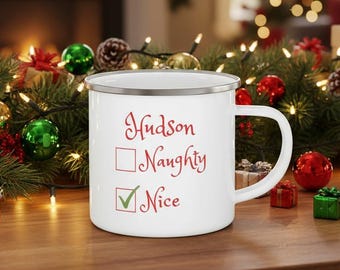 Personalized Santa Mug | Vintage Santa Enamel Camping Mug | Custom Nice List Mug | Gift for Christmas Lovers | Kids Hot Cocoa Christmas GIft