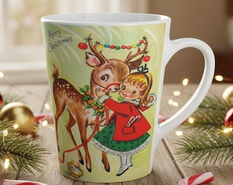 Merry Christmas Mug | Retro Reindeer Coffee Cup | Midcentury Winter Drinkware