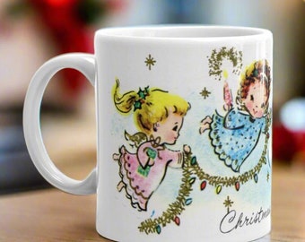 Retro Christmas Mug: Mid-Century Angels Decorating Tree