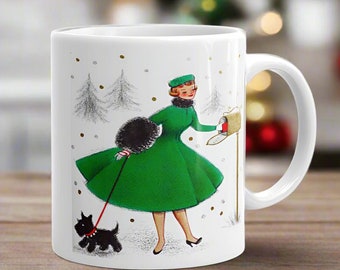 Christmas Mug Lady Housewife Black Scottie Dog Mailbox Midcentury Retro Vintage Ceramic Glossy Cup Unique Cozy Cute Gift For Her Him Friend