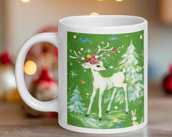 Christmas Mug White Reindeer Bluebirds Woodland Snowy Winter Scene Mid Century Retro Ceramic Coffee Cup Unique Cozy Cute Gift For Him Her