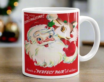 Vintage Santa & Rudolph Christmas Mug - Mid Century Holiday Decor
