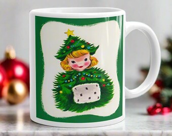 Retro Christmas Tree Hat Girl Mug Midcentury Vintage Kitsch Coffee Cup Unique Cozy Cute Winter Holiday Gift For Her Him Adorable Lady Friend